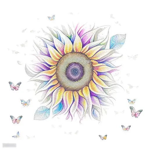 A Vibrant Sunflower Surrounded By A Swarm Of Colorful Butterflies