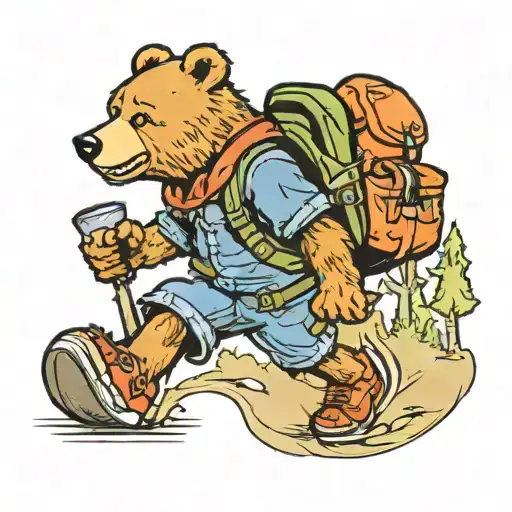 A New-school Tattoo Of A Cartoon Bear Hiking Up A Trail With A Backpack