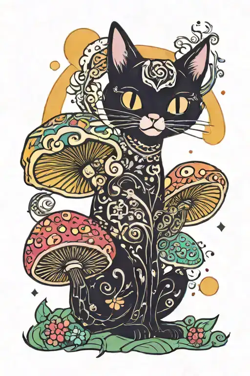 Colorful Mushroom Black Cat With Sun And Moon