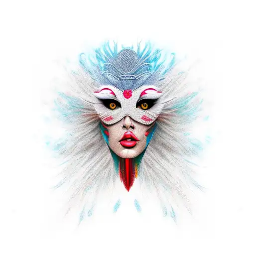 Red Feathered Bird Head Transforming Into Woman's Face