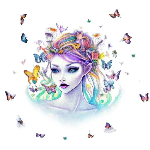A Fairy With Two Different Hair Colors Surrounded By A Vibrant Garden Of Mushrooms And Butterflies