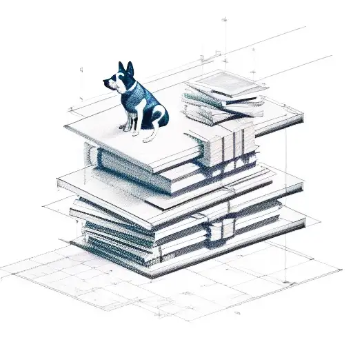 An Architectural Blueprint With A Dog Sitting On Top Of A Pile Of Books