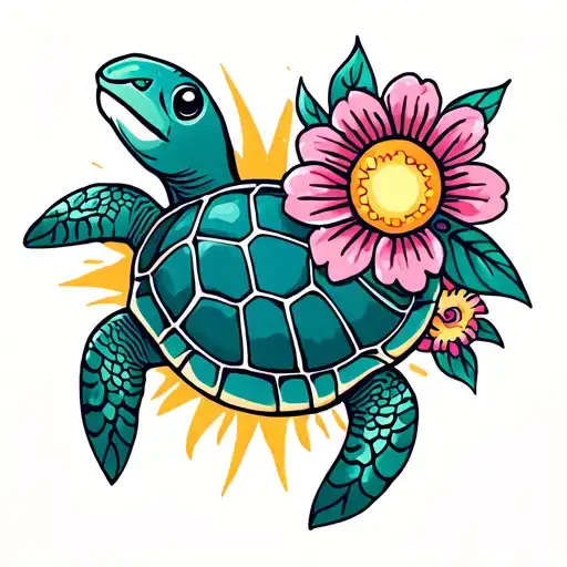 Sea Turtle With Flowers And A Sun Shinning