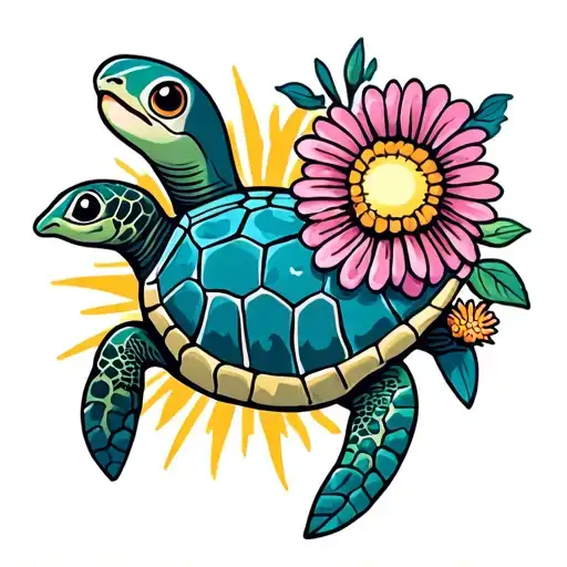 A Sun Shining Brightly With A Sea Turtle Swimming And Flowers Attached To The Turtle
