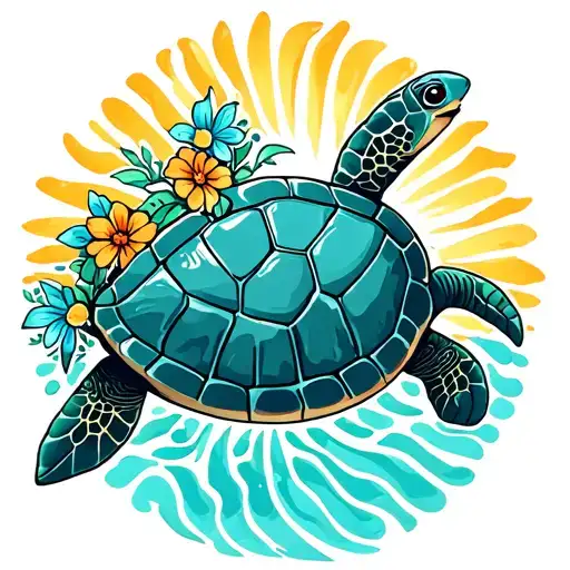 A Sun Shining Brightly With A Sea Turtle Swimming And Flowers Attached To The Turtle