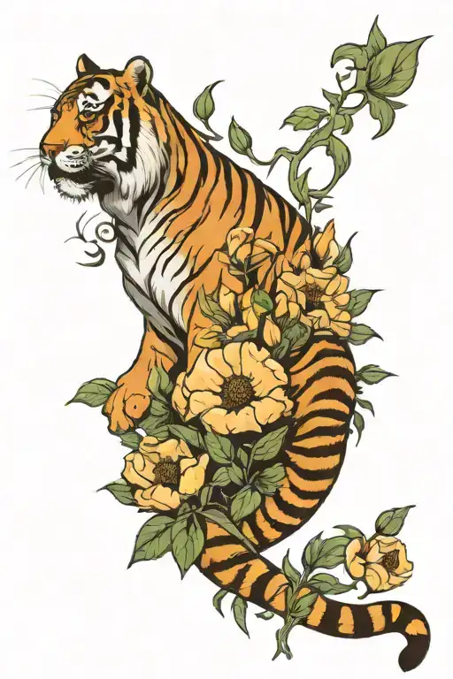 Full Body Tiger And Poppy Flowers