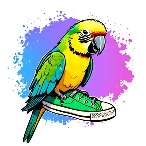 Pale Yellow Indian Ringneck Parrot With A Green Canvas Sneaker