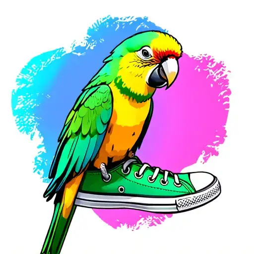 Pale Yellow Indian Ringneck Parrot With A Green Canvas Sneaker