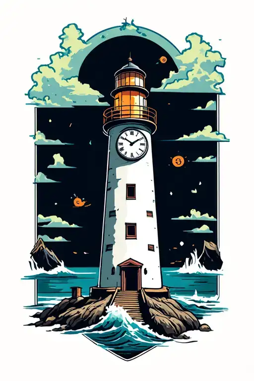 Lighthouse With Clock And Map Outline