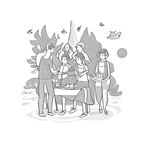 A Whimsical Illustration Of Your Family And Friends Having A Picnic In A Magical Forest