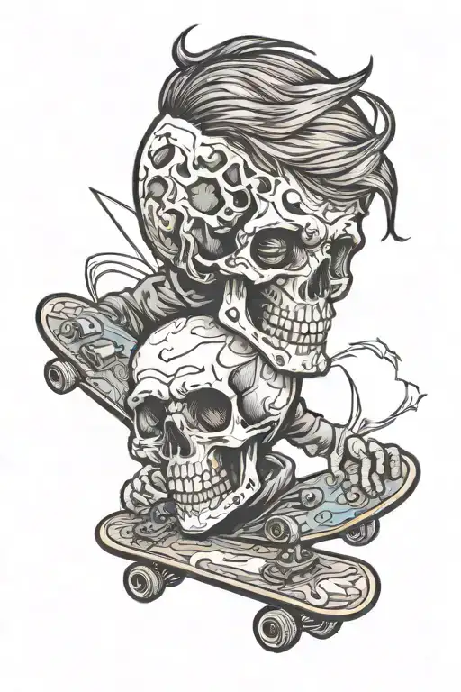 Broken Skateboard With Skull And Short Hair And Beard