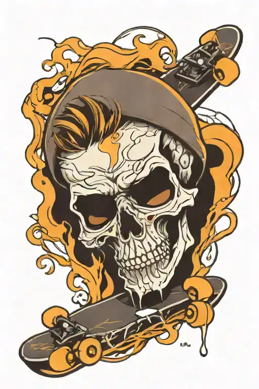 Broken Skateboard With Skull And Short Hair And Beard