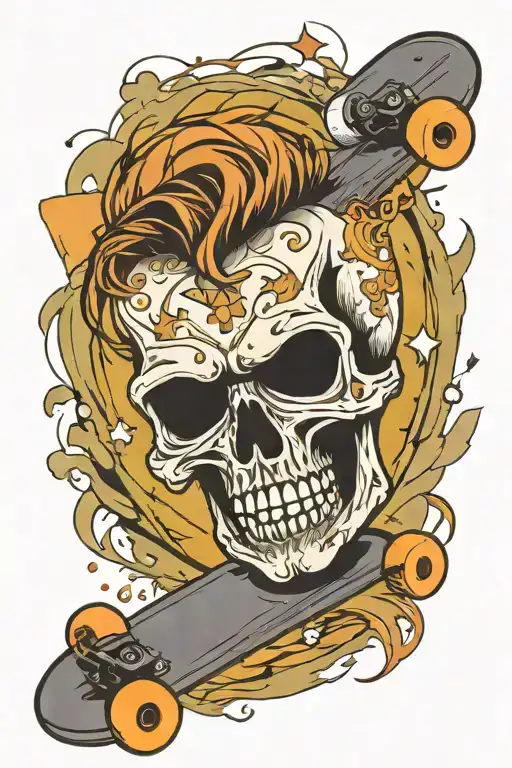 Broken Skateboard With Skull And Short Hair And Beard