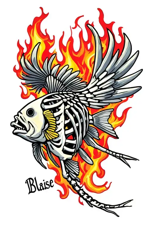 Angelfish Skeleton With Name Blaise In The Ribs Surrounded By Realistic Fire