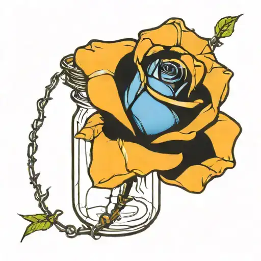 A Mason Jar Holding A Blue Rose Wrapped In Barbed Wire