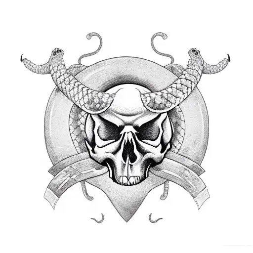 Two Roses Over A Gate With A Skull And A Snake Around The Skull