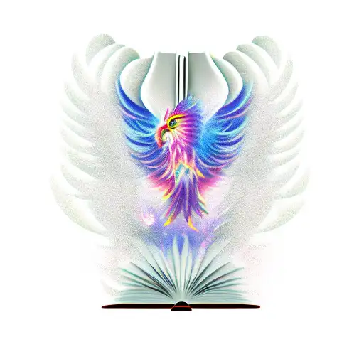 A Mystical Phoenix Emerging From A Book With Feathers Falling Around It