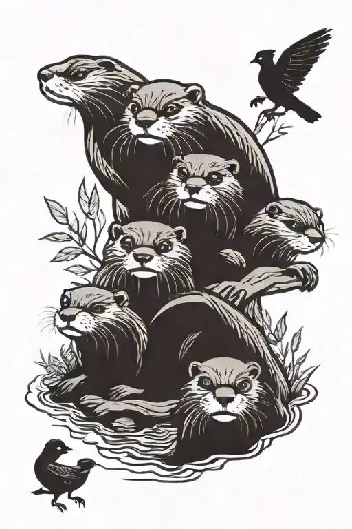 An Otter Family Playing In A River Surrounded By Indian Crows Perched In The Trees