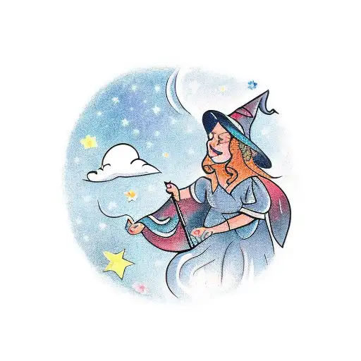 A Traditional Style Tattoo Of A Witch Casting Spells Under A Starry Sky At Vale Do Amanhecer
