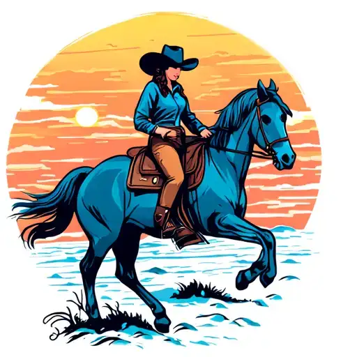 Cowgirl Riding Into The Sunset