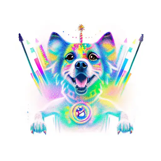 A New-school Style Tattoo Of A Dancing Dog Wearing Makeup And Surrounded By Colorful Edm Symbols