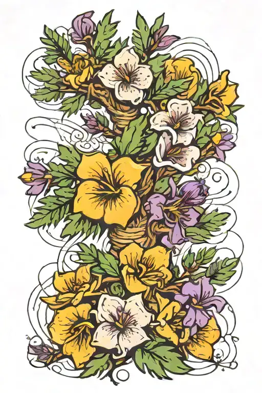 Pine Tree And Violet Flower Intertwined