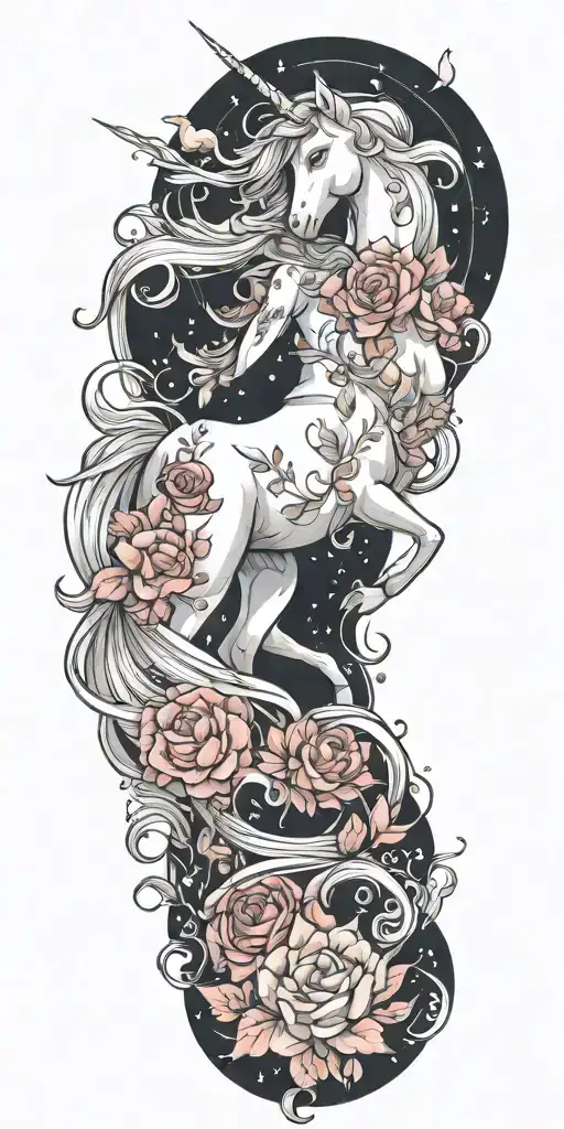 Fantasy Themed Tattoo With Unicorn And Fey