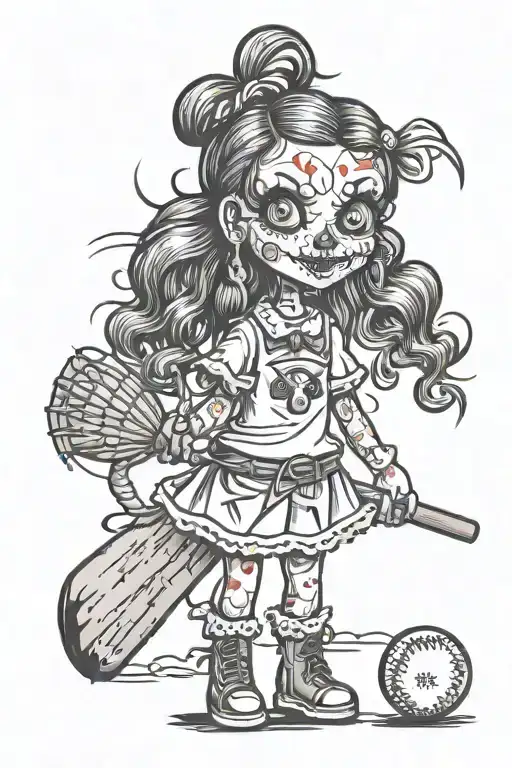 Voodoo Doll Girl With Pigtails X'd Out Eyes Holding Baseball Bat