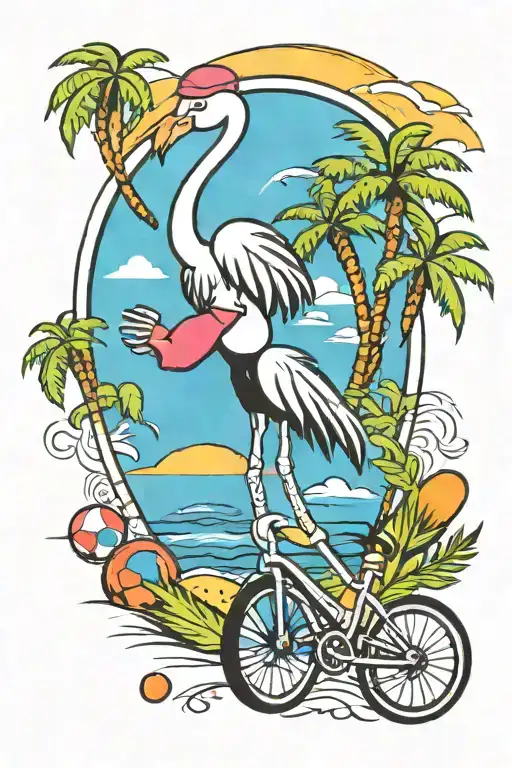 Flamingo Riding Unicycle Juggling Bowling Pins Palm Trees In Background