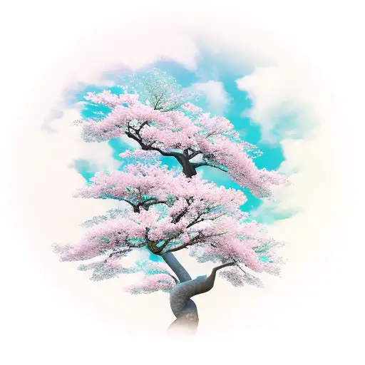 A Majestic Dragon Wrapped Around A Blooming Sakura Tree In A Lush Natural Landscape