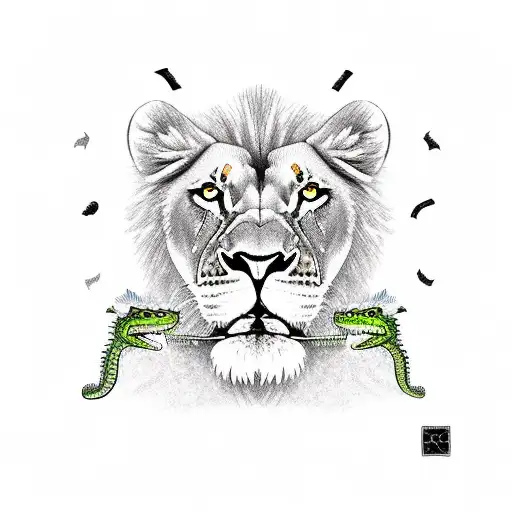 Young Lion And A Crocodile