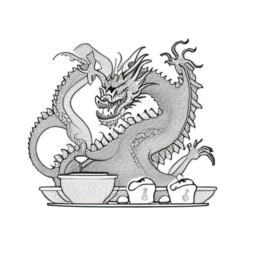 A Fine Line Tattoo Of A Dragon Devouring A Plate Of Mouthwatering Desserts
