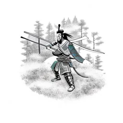 A Samurai Warrior Riding On The Back Of A Mythical Creature Through A Lush Forest