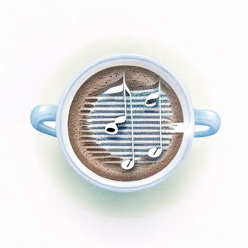 A Coffee Cup Surrounded By Musical Notes And A Beach Scene