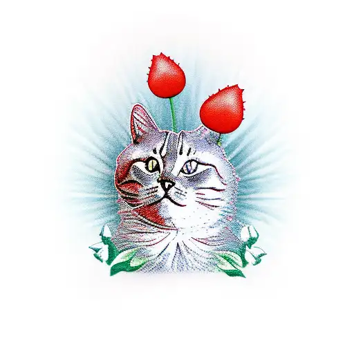 A Cat Dressed As A Red Dinosaur With Tulips