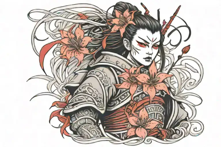 Samurai Girl Wearing A Kabuki Mask And Armor In A Field Of Red Spider Lilies