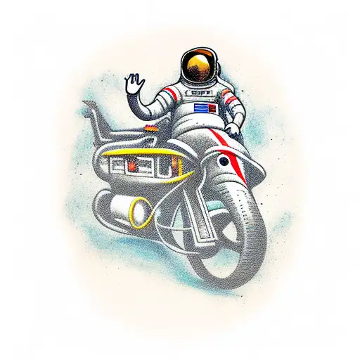 Astronaut On A Rocketship Motorcycle Flying Through Space