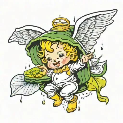 A Cherub Type Angel Using A Lily Pad As An Umbrella While It's Raining