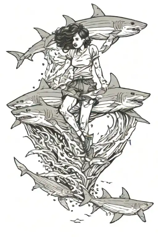 Woman Clinging To Rock In Ocean With Sharks Circling