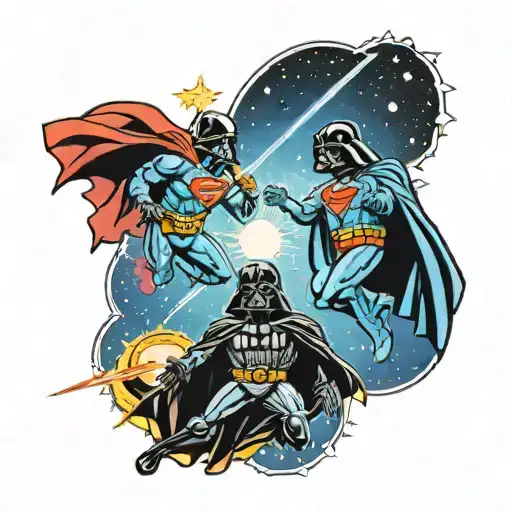 A Mashup Tattoo Of Darth Vader And Superman Flying Together In Space
