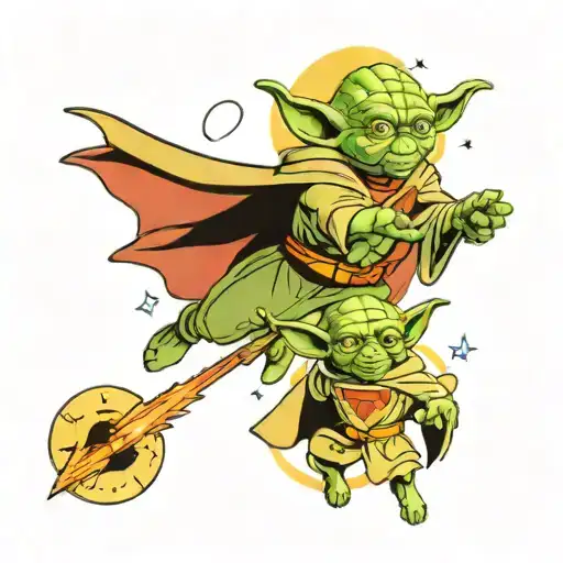 A Mashup Tattoo Of Yoda And Superman Flying Together In Space