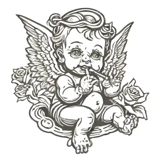 Old School Black Tattoo Of A Baby Angel Smoking A Cigarette