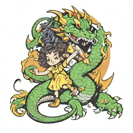 Large Cartoon Dragon Holding Curly Haired Girl