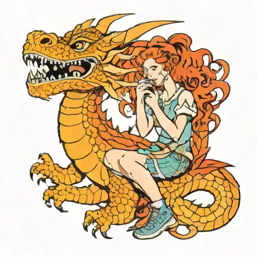 Large Orange Dragon Holding Curly Red Haired Girl