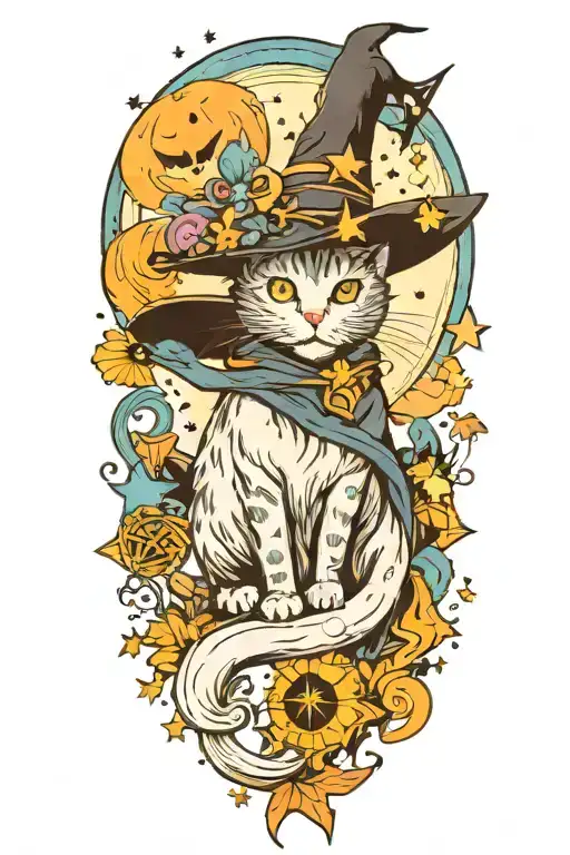 Witch Cat With Moon And Stars And Colorful Mushrooms And Bats