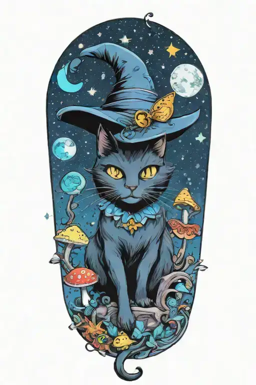 Witch Cat With Moon And Stars And Colorful Mushrooms And Bats
