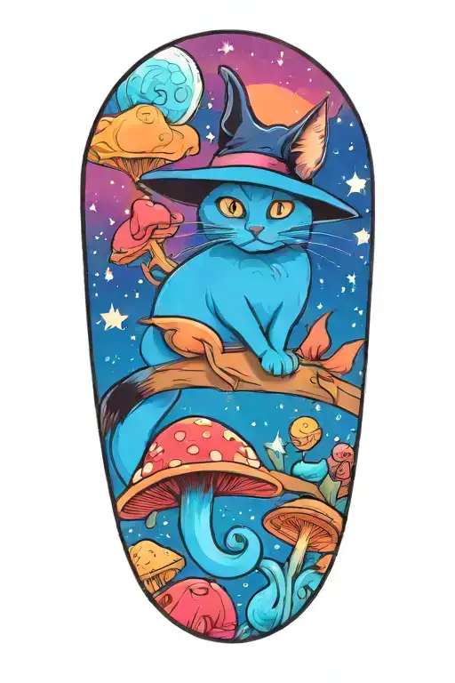 Witch Cat With Moon And Stars And Colorful Mushrooms And Bats