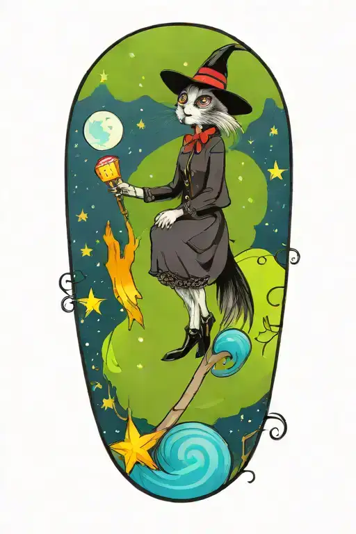 Witch Cat With Moon And Stars And Colorful Mushrooms And Bats