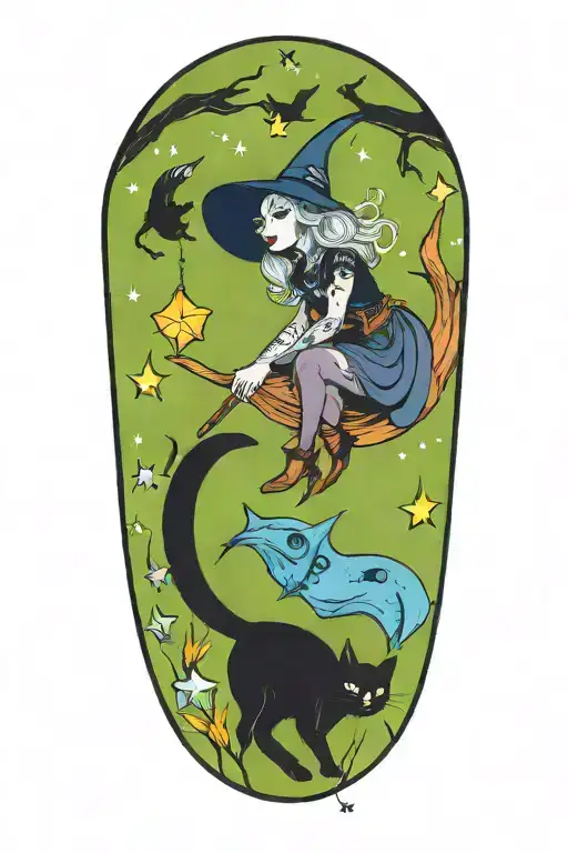 Witch Cat With Moon And Stars And Colorful Mushrooms And Bats