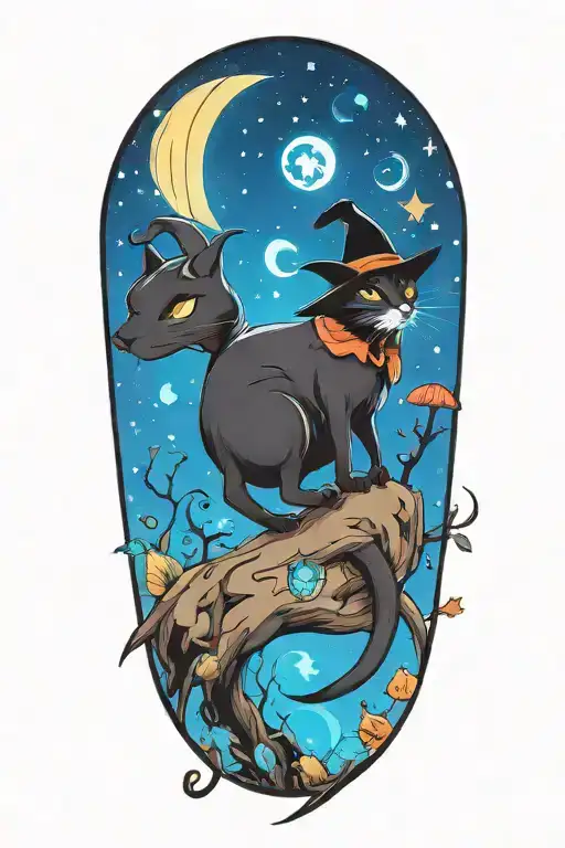 Witch Cat With Moon And Stars And Colorful Mushrooms And Bats